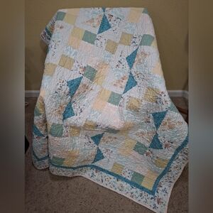 Handmade Patchwork Pinwheel Quilt Throw 52x64 Modern Farmhouse Aqua Yellow White